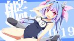  blue_background blue_hair blush breasts fang gradient_hair hair_ribbon i-19_(kantai_collection) kantai_collection large_breasts long_hair multicolored_hair one-piece_swimsuit open_mouth pink_eyes pink_hair ribbon school_swimsuit solo swimsuit twintails yukikasa 