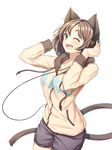  ;d animal_ears bad_id bad_pixiv_id brown_hair cat_ears cat_tail green_eyes hands_on_headphones headphones highres hood hoodie idolmaster idolmaster_cinderella_girls maekawa_miku one_eye_closed open_mouth re:n_ne short_hair shorts simple_background smile solo tail white_background 