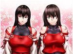  black_hair blush breasts brown_eyes brown_hair collaboration collarbone detached_sleeves dual_persona large_breasts leotard long_hair m.u.g.e.n multiple_girls nontraditional_miko original samuimu scar sendai_hakurei_no_miko smile taikyokuturugi touhou upper_body 