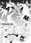  bankai battle bleach bow braid cirno close-up comic daiguren_hyourinmaru_(bankai) detached_sleeves dress explosion fire greyscale hair_bow hair_tubes hakurei_reimu hard_translated hat highres ice ice_wings kirisame_marisa large_wings long_hair monochrome monster multiple_girls parody ribbon satou_kibi shaded_face speech_bubble sword talking text_focus touhou translated weapon wings witch_hat 