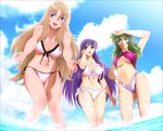  3girls absurdres aquila_yuna arms_up athena bikini black_eyes blonde_hair blue_eyes blush breasts cleavage cloud clouds curvy green_eyes green_hair hand_on_hip happy highres hips kido_saori large_breasts legs long_hair looking_at_viewer multiple_girls navel ocean open_mouth ophiuchus_shaina purple_hair saint_seiya saint_seiya_omega sky smile standing swimsuit thighs water yadokari_genpachirou 