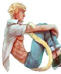  abs blonde_hair brant0815 highres male_focus monkey_tail muscle open_clothes open_shirt profile rwby shirt short_hair signature simple_background sitting spiked_hair sun_wukong_(rwby) tail very_short_hair white_background 