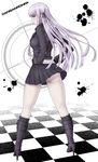  ass bad_id bad_pixiv_id boots braid checkered checkered_floor copyright_name danganronpa danganronpa_1 gloves hair_ribbon hands_on_hips highres kirigiri_kyouko knee_boots lavender_hair long_hair looking_back pale_skin pasya-pasya purple_eyes ribbon skirt skirt_lift solo wind wind_lift 