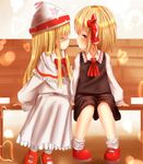  absurdres ascot bench blonde_hair blouse blush closed_eyes dress eating food hair_ribbon highres lily_white long_hair mitsubasa_miu multiple_girls pocky pocky_kiss red_eyes ribbon rumia shared_food short_hair sitting sitting_on_bench touhou vest yuri 