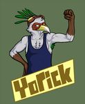  anthro avian beak clothed clothing eyewear feather_hair front futonmania goggles green_background looking_at_viewer markings plain_background secretary_bird shirt simple_background socks_(marking) tank_top yorick_the_bird 