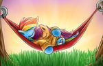  2013 blue_fur cub cutie_mark duo equine eyes_closed feral friendship_is_magic fur hair hammock high-roller2108 horse lying multi-colored_hair my_little_pony on_back on_front on_top orange_fur outside pony purple_hair rainbow_dash_(mlp) rainbow_hair scootaloo_(mlp) sleeping sweater young 