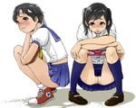  2girls black_hair blush brown_eyes growl hagaa kasugano_sakura ling_xiaoyu multiple_girls panties panty_pull pussy pussy_juice school_uniform short_hair squatting street_fighter tekken uncensored underwear 