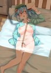  after_masturbation bare_legs barefoot blue_eyes blue_hair blush bottomless breasts flaccid futanari hair_bobbles hair_ornament hat highres kawashiro_nitori konbu326 large_breasts lying navel nipples on_back on_bed open_clothes open_mouth penis photo_(object) pillow plump short_hair solo touhou twintails 