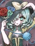  adapted_costume aqua_hair blue_flower blue_rose bodice breasts cleavage cleavage_cutout drill_hair eyelashes flower green_eyes green_flower green_rose hair_over_one_eye hands_on_headwear hat hat_flower hat_ribbon high_collar komeiji_koishi lace_border looking_at_viewer medium_breasts mokokiyo_(asaddr) parted_lips purple_background red_flower red_rose ribbon rose short_hair solo tears third_eye touhou upper_body 