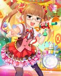  alternate_costume artist_request brown_eyes brown_hair confetti drum drum_set drumsticks frilled_skirt frills glasses idolmaster idolmaster_cinderella_girls ikebukuro_akiha instrument long_hair megaphone official_art pantyhose pink-framed_eyewear semi-rimless_eyewear skirt solo twintails 