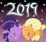  2019 ambiguous_penetration applejack_(mlp) cheesepuff cowboy_hat dildo duo earth_pony equine eyes_closed female feral friendship_is_magic hair hat horn horse mammal multicolored_hair my_little_pony open_mouth penetration pony sex_toy simple_background sweat text twilight_sparkle_(mlp) unicorn white_background 