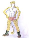  ?????? anthro biceps blush body_markings boots boxers bulge chest_tuft feline footwear fur kemono male mammal markings muscles nipples pecs pink_nose pose solo standing stripes sum_kemono tiger topless tuft underwear 