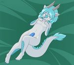  anthro blue_eyes blue_hair blue_penis blush chinese_dragon cute dragon erection fur furred_dragon girly hair helsy long_hair looking_at_viewer lying male nipples nude on_back penis shy solo uncut white_fur 
