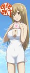  awa blush breasts cleavage cleavage_cutout copyright_name covered_navel dress heart heart_hands large_breasts light_smile long_hair minami-ke minami_haruka oekaki solo speech_bubble spoken_copyright white_dress 