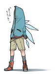  1girl alternate_costume androgynous arabahama casual cirno contemporary highres hood hooded_jacket jacket parody reverse_trap shoes shorts sneakers solo touhou translated wardrobe_error wings 
