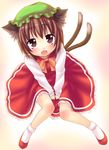  :3 animal_ears blush bow bowtie brown_eyes brown_hair cat_ears cat_tail chen dress earrings fang from_above hat jewelry looking_up multiple_tails open_mouth ribbon saki_chisuzu short_hair solo tail touhou 