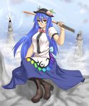  blue_hair boots dress fog hat hinanawi_tenshi houtengeki long_hair looking_at_viewer mountain multiple_girls nagae_iku red_eyes rope saturday_night_fever shide shimenawa sitting smile sword sword_of_hisou touhou weapon yokozuwari 