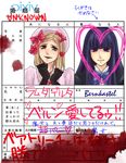  artist_request blonde_hair blood blue_hair bow brown_eyes dress frederica_bernkastel gloves hat jewelry lambdadelta long_hair marriage_certificate multiple_girls necklace pink_dress pink_hat purple_eyes ribbon short_hair smile source_request umineko_no_naku_koro_ni yuri 