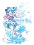  :d blue_eyes blue_hair cirno frog ice open_mouth smile solo touhou translated wasabi_(sekai) 