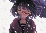  closed_eyes freckles glasses happy original short_hair snow solo sugano_manami umbrella 