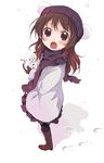  :o beanie blush boots brown_eyes brown_hair fang footprints from_above hat looking_up namori oekaki open_mouth original pantyhose scarf snowman solo tareme 