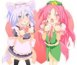  animal_ears bad_id bad_pixiv_id blue_eyes blush dog_ears dog_tail hairband hat heart hong_meiling izayoi_sakuya kemonomimi_mode long_hair maid matsushita_yuu multiple_girls open_mouth red_eyes red_hair ribbon short_hair silver_hair tail thighhighs touhou 