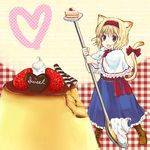  alice_margatroid animal_ears blonde_hair blue_eyes boots cake cat_ears cat_tail chocolate food fruit hairband heart oversized_object pastry ribbon sarukimo solo spoon strawberry tail touhou 