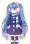  blue_eyes blue_hair coat earmuffs hands_in_pockets hatsune_miku long_hair pantyhose scarf solo twintails vocaloid wasabi_(sekai) 