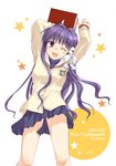  book clannad fujibayashi_kyou hikarizaka_private_high_school_uniform long_hair misaki_juri one_eye_closed purple_eyes purple_hair school_uniform solo 