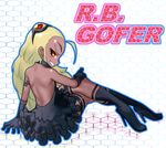  antenna_hair backless_dress backless_outfit bare_back bare_shoulders black_dress blonde_hair boro dark_skin dress flat_chest forehead frilled_dress frills gloves grin high_heels long_hair naughty_face orange_eyes otomedius r.b._gofer red_eyes shoes sitting smile 