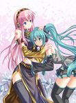  aqua_hair bad_id bad_pixiv_id detached_sleeves flower hatsune_miku headset highres long_hair megurine_luka multiple_girls pico_(picollector79) thighhighs twintails very_long_hair vocaloid 