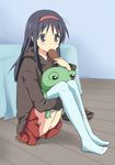  bad_id bad_pixiv_id black_eyes black_hair blush cookie copyright_request eating food hairband leg_hug long_hair maruki_(punchiki) sitting skirt solo stuffed_animal stuffed_frog stuffed_toy thighhighs white_legwear 