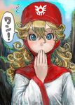  bad_id bad_pixiv_id blonde_hair blue_eyes covering_mouth curly_hair dragon_quest dragon_quest_ii eyelashes flying_sweatdrops long_hair pon princess_of_moonbrook solo translated 