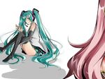  aqua_eyes aqua_hair bad_id bad_pixiv_id detached_sleeves hair_over_one_eye hatsune_miku headset leg_hug long_hair matsurizaki megurine_luka multiple_girls necktie sitting skirt thighhighs twintails very_long_hair vocaloid waving 