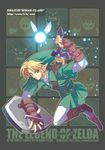  blonde_hair blue_eyes fairy fingerless_gloves gauntlets gloves holding holding_sword holding_weapon left-handed link male_focus master_sword navi pointy_ears sheath shield sword sword_behind_back the_legend_of_zelda unsheathing usui_rina watermark weapon weapon_on_back 