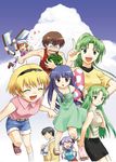  6+girls akasaka_mamoru blonde_hair everyone food fruit furude_rika green_skirt half_updo hanyuu hat hatchet highres higurashi_no_naku_koro_ni holding holding_food holding_fruit houjou_satoko innertube maebara_keiichi misaki_juri multiple_boys multiple_girls nose_hatchet ryuuguu_rena siblings sisters skirt sonozaki_mion sonozaki_shion towel twins watermelon 