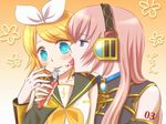  bad_id bad_pixiv_id blonde_hair blue_eyes blush ebimayo food food_on_face fork hair_ribbon headphones kagamine_rin licking long_hair megurine_luka multiple_girls pink_hair ribbon short_hair vocaloid yuri 