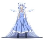  absurdly_long_hair alternate_hair_length alternate_hairstyle alternate_wings batsu blue_dress blue_eyes blue_hair bow cirno dress full_body hair_bow lavender_hair long_hair neck_ribbon ribbon silver_hair simple_background smile solo standing touhou very_long_hair wings 