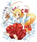  :o arrow barefoot blonde_hair child ema feet hakama hamaya izumi_rei japanese_clothes long_hair miko original red_hakama solo toeprint yellow_eyes 