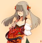  blood bloody_clothes candy detached_sleeves entrails eyeball food grey_eyes grey_hair halloween jack-o'-lantern organs original shaun_healey simple_background smile solo twintails 