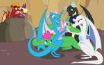  blue_eyes brown_eyes canyon cat_eyes dragon fangs female friendship_is_magic garble_(mlp) green_eyes group holding horn male my_little_pony queencold red_eyes rock sharp_teeth slit_pupils spear_(mlp) spike_(mlp) surprise teeth wings 