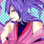  amane_nishiki androgynous bad_id bad_pixiv_id blazblue blazblue:_chronophantasma blue_eyes finger_to_mouth japanese_clothes kinakomochi_(yui4020) makeup naughty_face otoko_no_ko purple_hair upper_body 