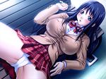  1girl bench black_hair blush breasts game_cg large_breasts long_hair looking_at_viewer lying open_legs outdoors outside panties school_uniform solo spread_legs underwear 