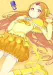  bad_id bad_pixiv_id boots bow brooch bubble_skirt circlet cure_muse_(yellow) dodory fairy_tone frills hanarito heart jewelry knee_boots long_hair lying magical_girl orange_hair orange_skirt pink_eyes precure shirabe_ako skirt suite_precure yellow_background yellow_bow 