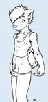 blue_background canine clothed clothing girly line_art male mammal navel nipples plain_background price_tag shirt skimpy slim solo speedo swimsuit tank_top wolf young 