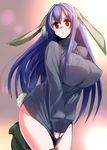  animal_ears black_legwear blush boots breasts bunny_ears bunny_tail clothes_tug gen_(black_factory) highres huge_breasts long_hair naked_sweater open_mouth original purple_hair red_eyes ribbed_sweater simple_background solo sweater sweater_tug tail thigh_boots thighhighs 