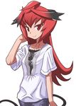  ahoge breasts casual demon_girl demon_horns demon_tail horns maou_beluzel matsuda_yuusuke pants red_eyes red_hair short_sleeves small_breasts smile solo tail teenage white_background younger yuusha_to_maou 