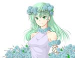  bad_id bad_pixiv_id bare_shoulders dress flower green_eyes green_hair laurel_crown long_hair original sleeveless sleeveless_dress smile solo takehana_note white_background 