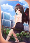  black_hair black_wings blue_sky blush building cloud day expressionless finger_frame food hat hat_ribbon looking_at_viewer looking_back ouka_(ra-raradan) out_of_frame popsicle pov pov_finger_frame pov_hands railing red_eyes ribbon shameimaru_aya shirt skirt sky solo_focus tokin_hat touhou wings 