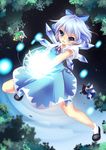  ahoge ankle_socks bandages black_hair bloomers blue_eyes blue_hair chibi cirno daiyousei danmaku dress flying glowing gradient green_hair highres ice ice_wings kuru2pantu leaf leg_up long_sleeves looking_at_viewer mary_janes multiple_girls parted_lips ribbon shoes short_hair short_sleeves sky star_(sky) star_sapphire starry_sky touhou underwear wings x_x 